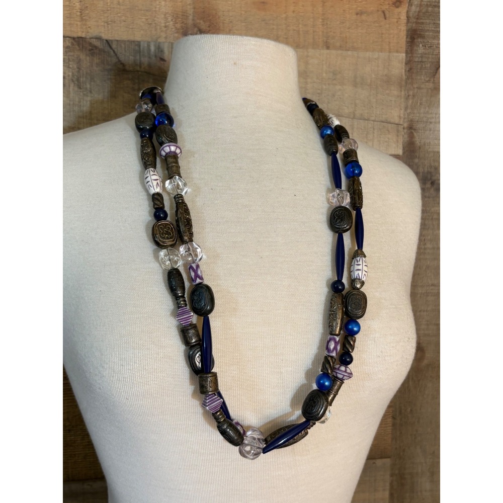 Bohemian Multi Strand Beaded Necklace Blue Purple Silver Tone Engraved Metal
